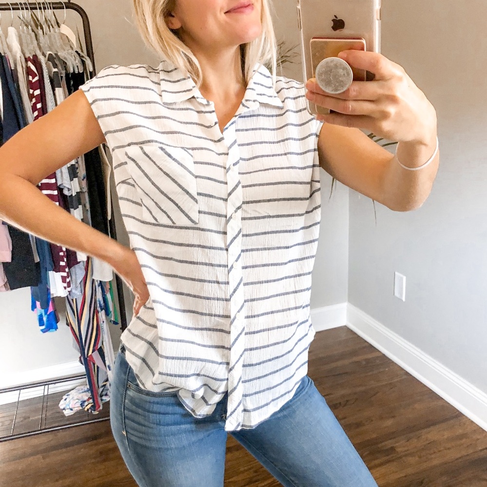 Merona Striped Cap Sleeve Shirt Top White/Gray S - Picture 5 of 11